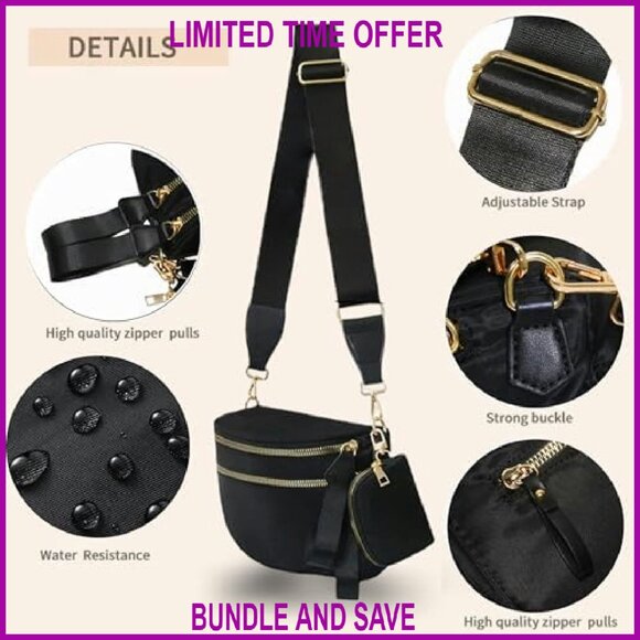 Checkered Crossbody Bag Nylon Fanny Pack Adjustable Strap 10.3x9x3.9in - Picture 5 of 8